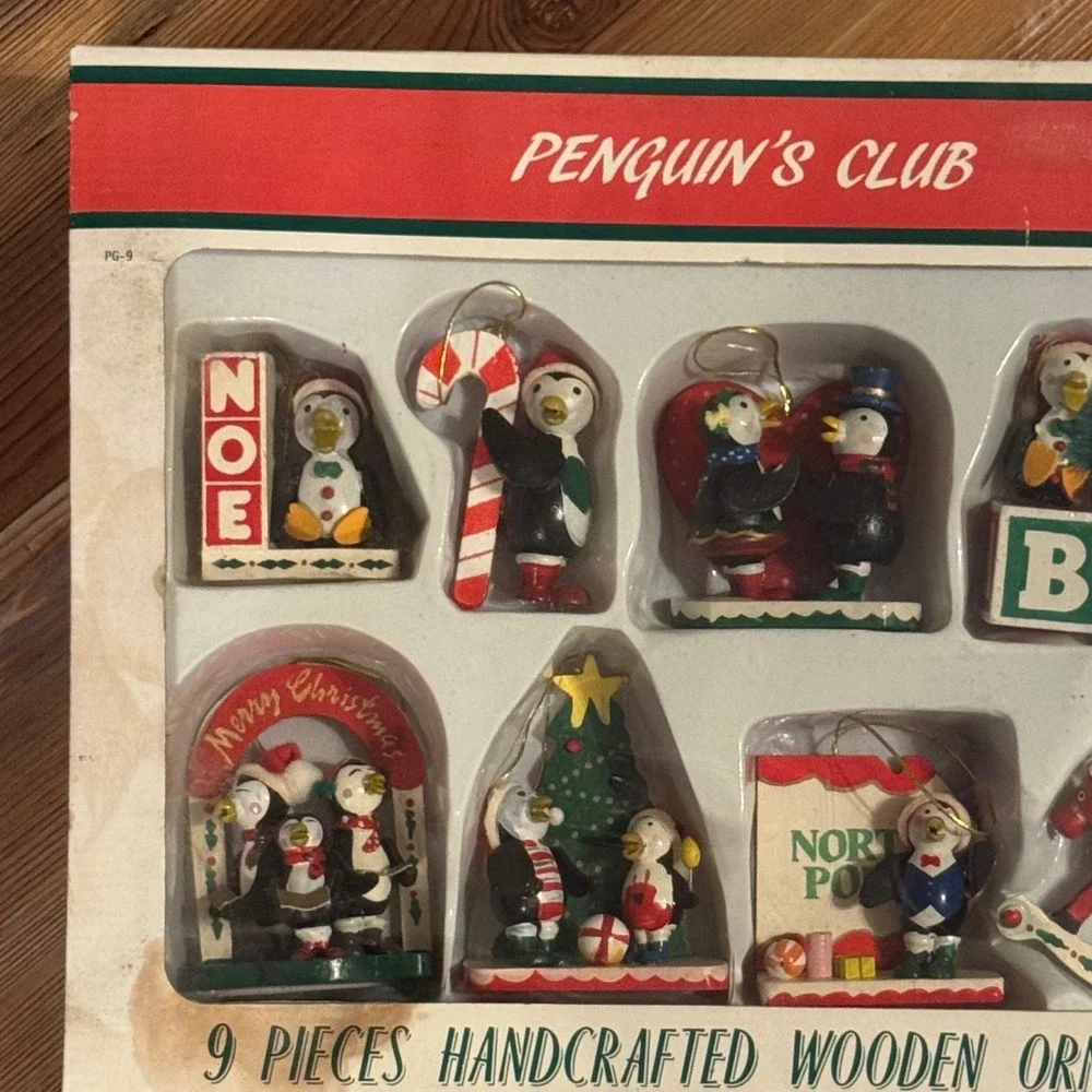 Penguin's Club Vintage Handcrafted Wooden Christmas Ornaments 9 Piece Set 1980s